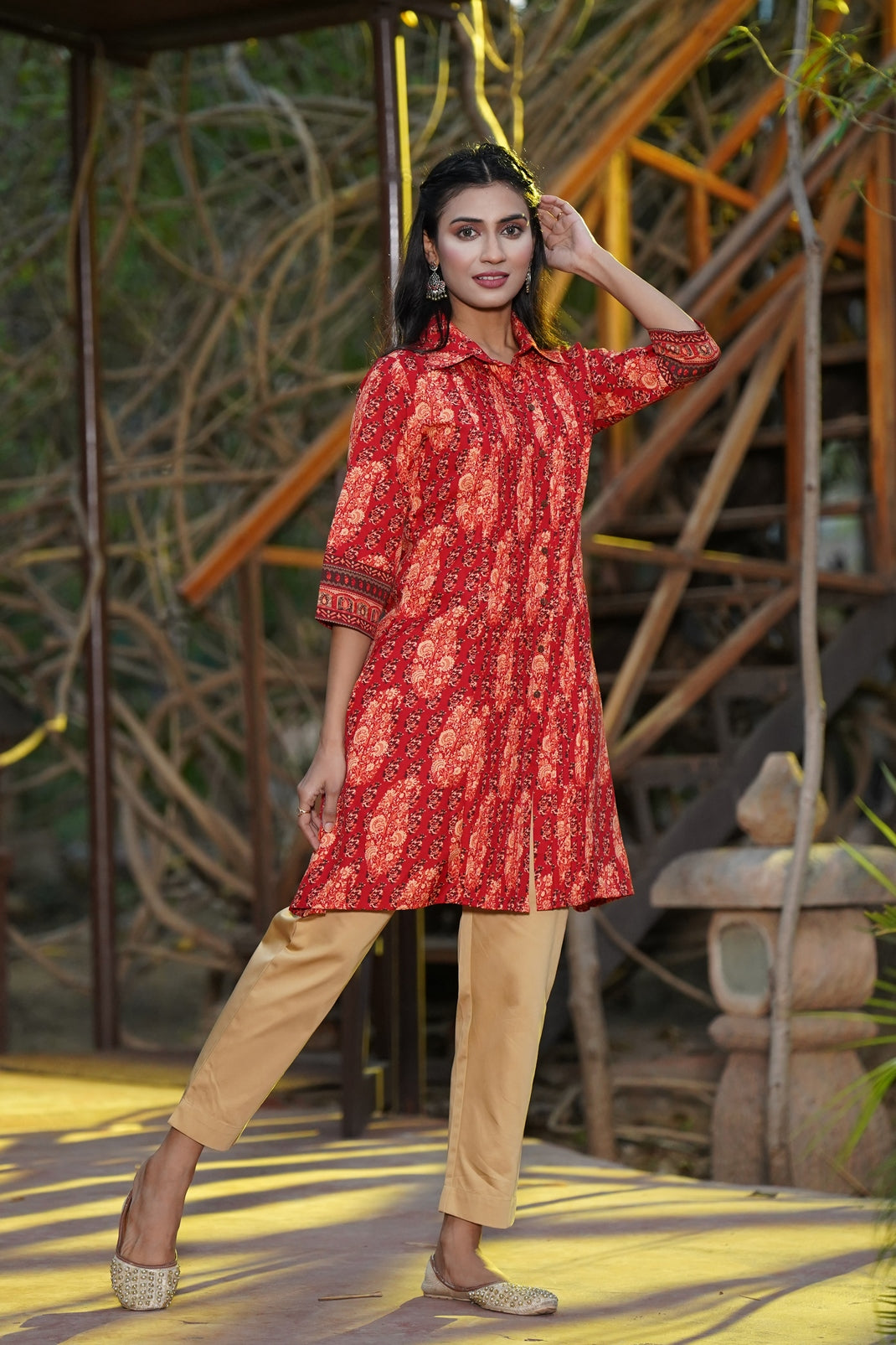 Red Poly Rayon Printed A-Line Kurta - Image 4