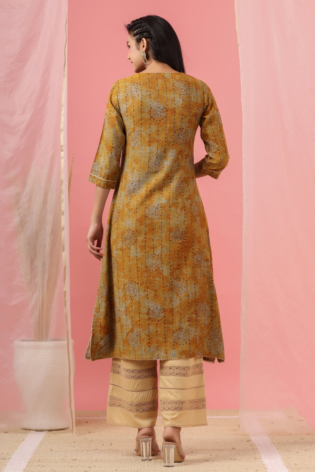 Women`s Mustard Rayon Slub Embroidered Kurta - Image 2
