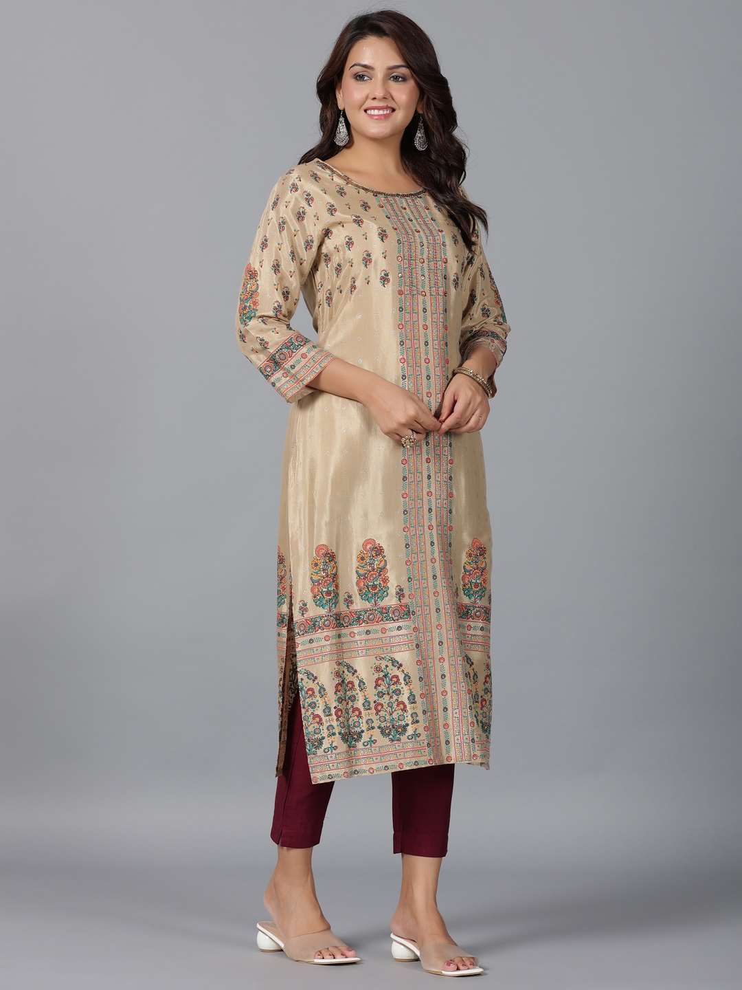 Beige Shantoon Printed Straight Kurta - Image 2