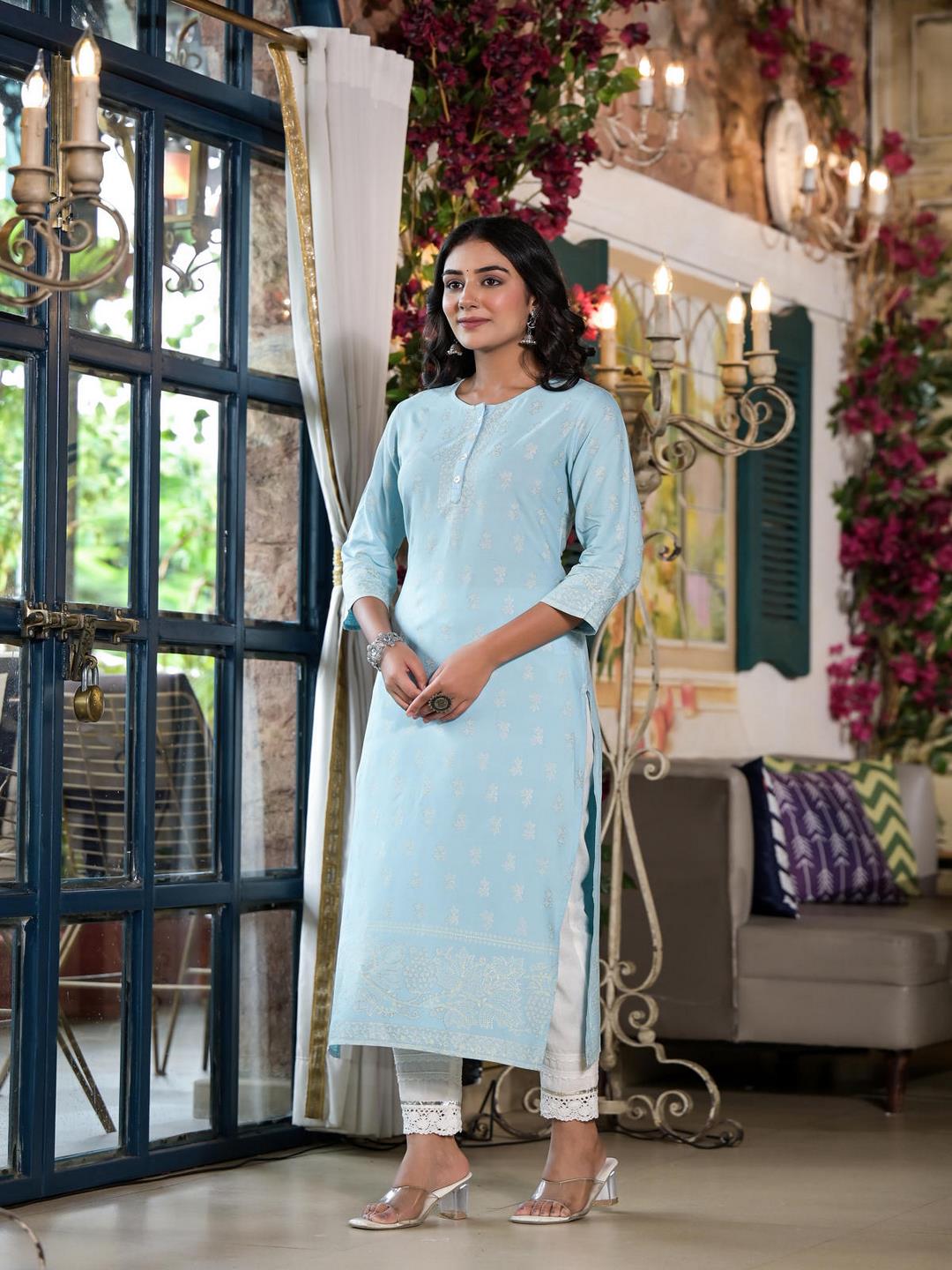 Powder Blue Ethnic Motif Printed Rayon Kurta With Buttons - Image 2