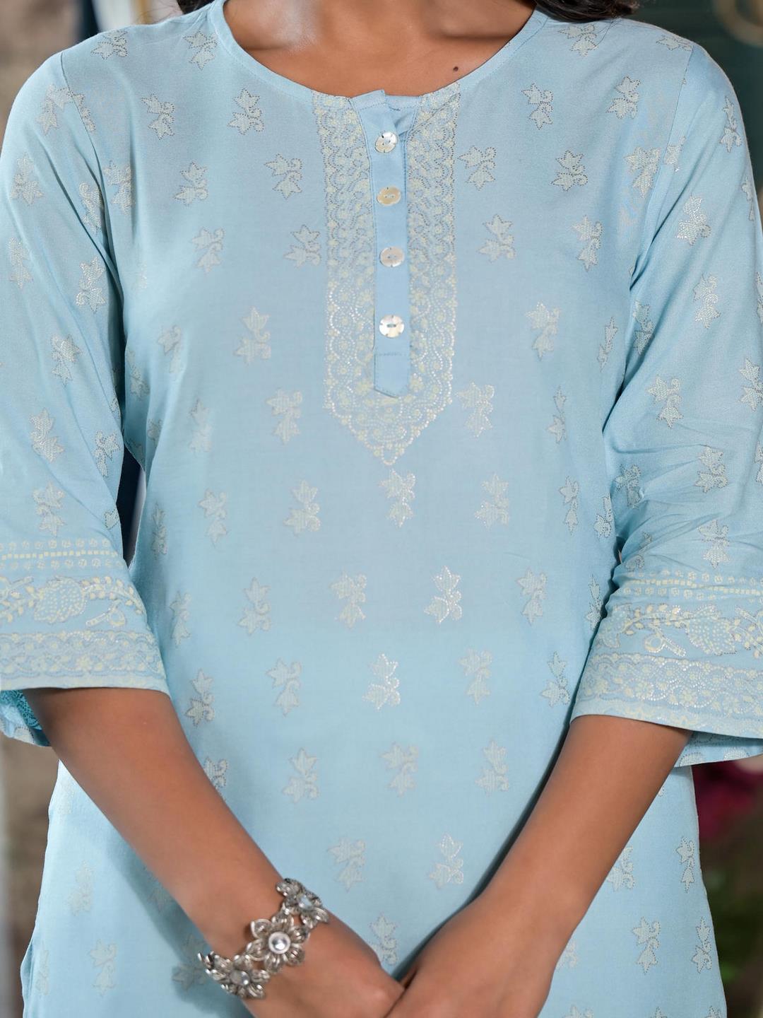 Powder Blue Ethnic Motif Printed Rayon Kurta With Buttons - Image 5