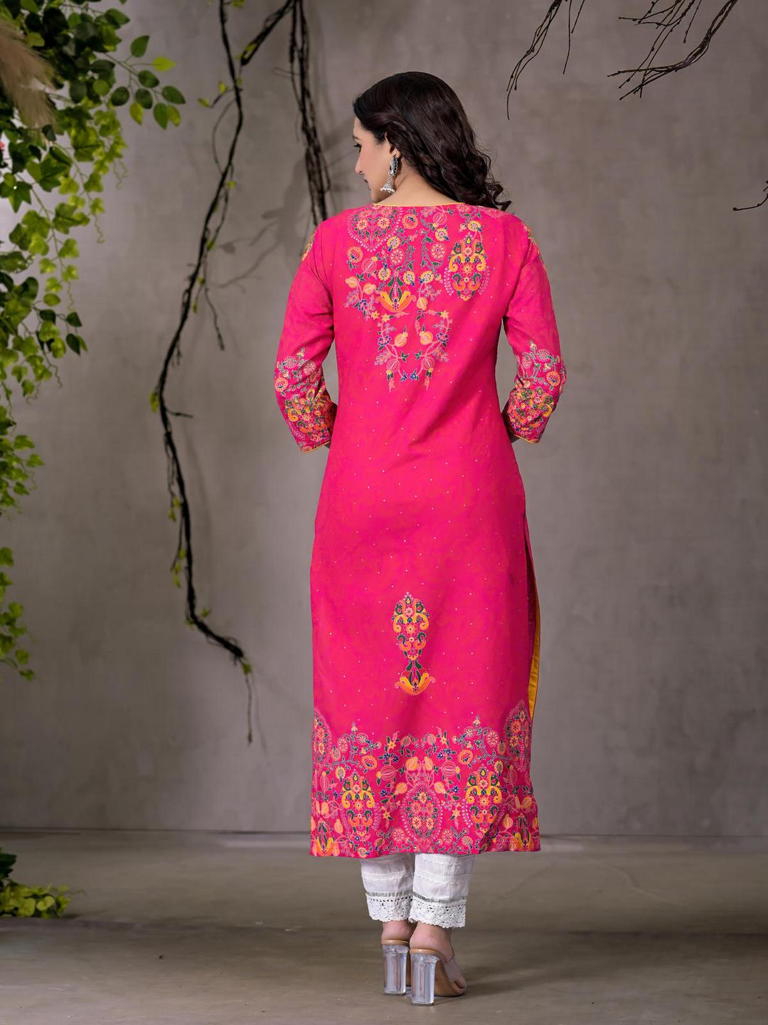 Pink Thread Embroidered Liva Rayon Kurta With Sequins & Beads - Image 4