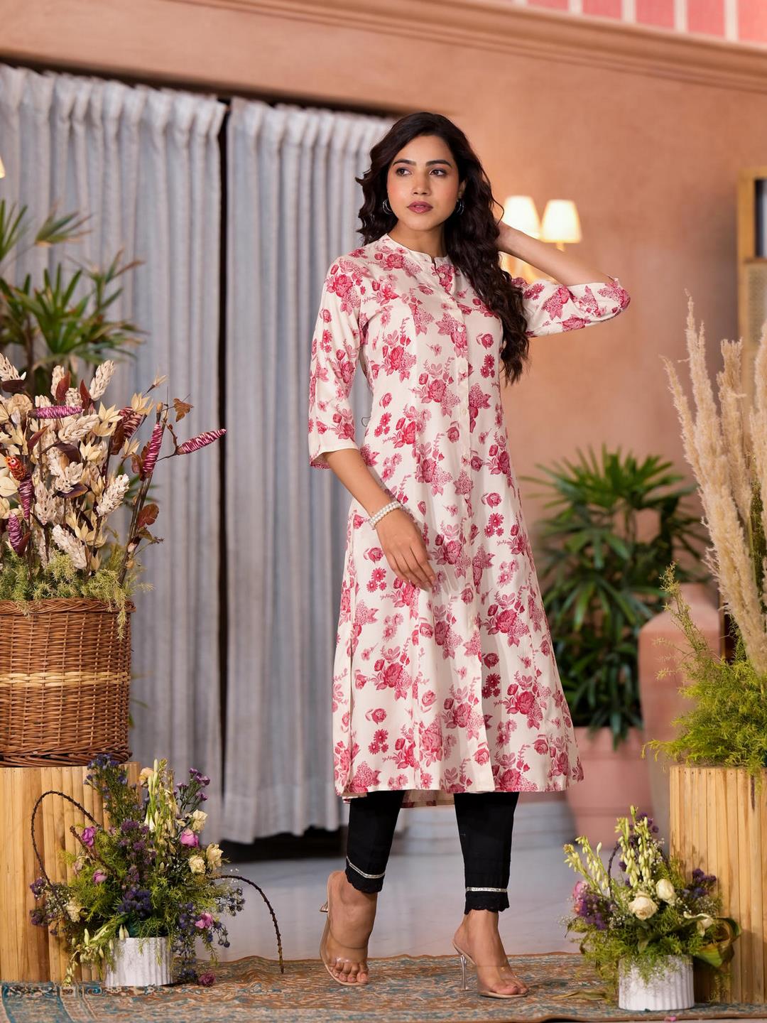 Off White Floral Printed Liva Rayon Kurta With Button Closure - Image 2