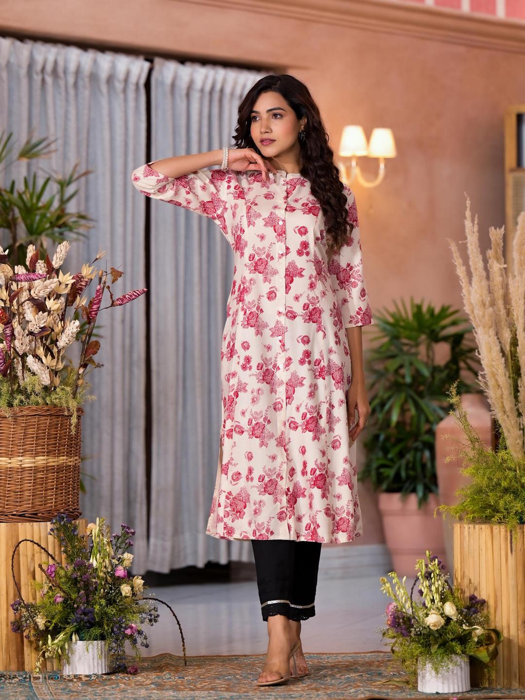 Off White Floral Printed Liva Rayon Kurta With Button Closure - Image 5