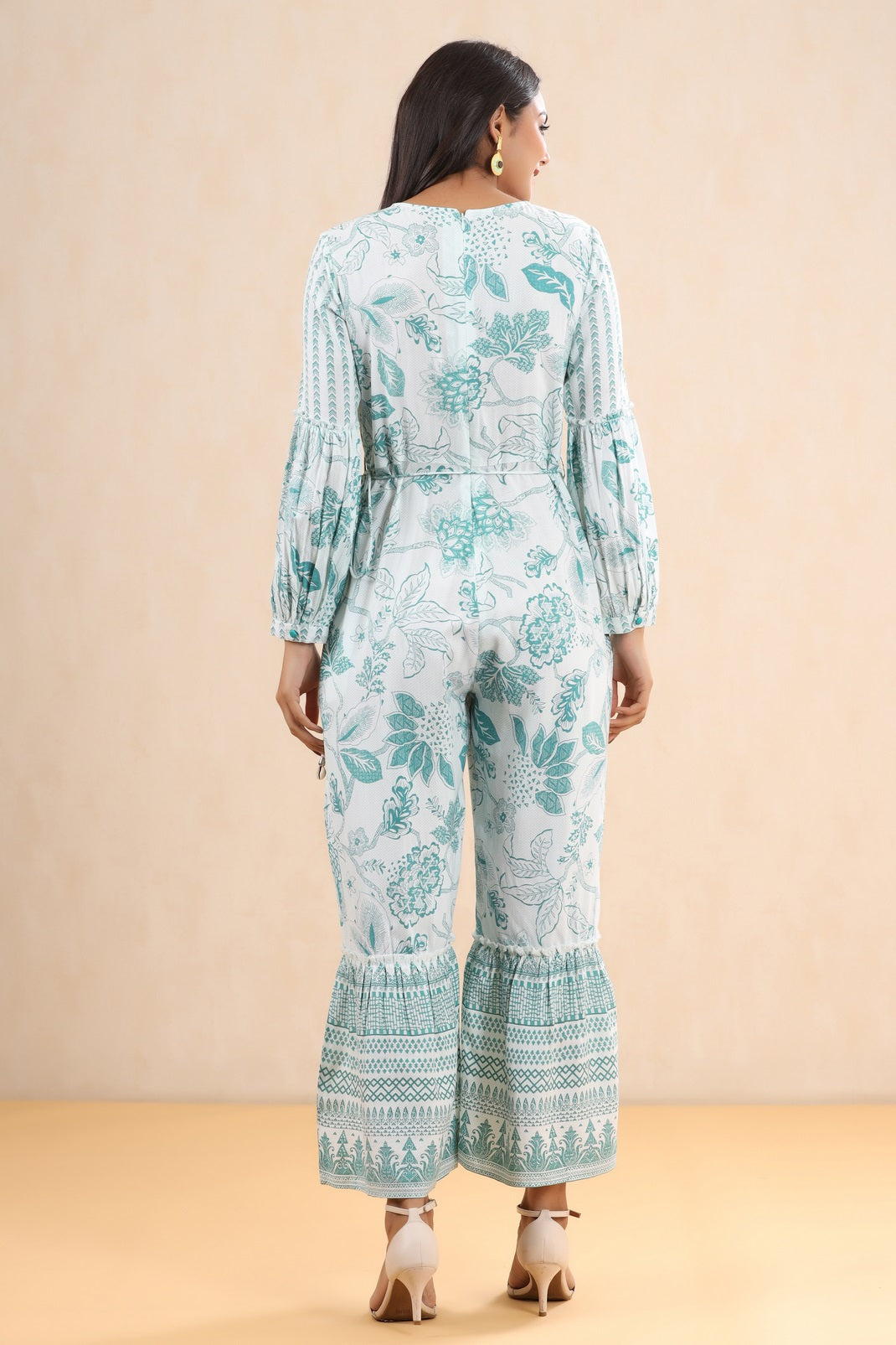 Teal Rayon Printed Ethnic Jumpsuit with Belt - Image 2