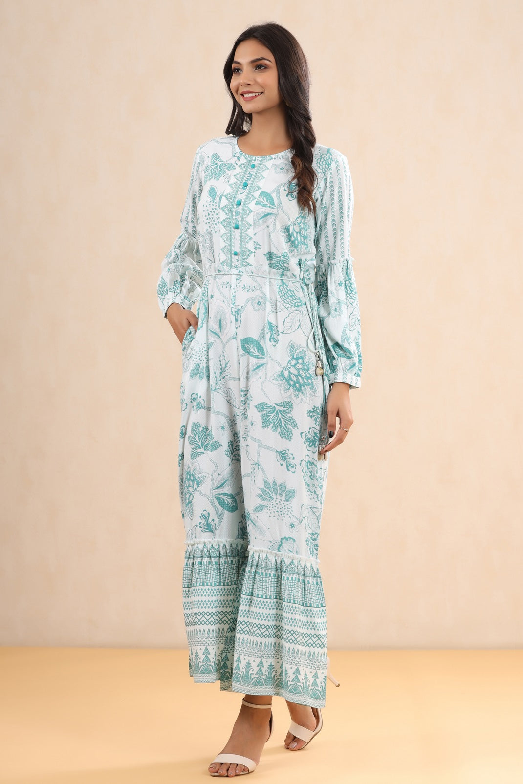 Teal Rayon Printed Ethnic Jumpsuit with Belt - Image 3
