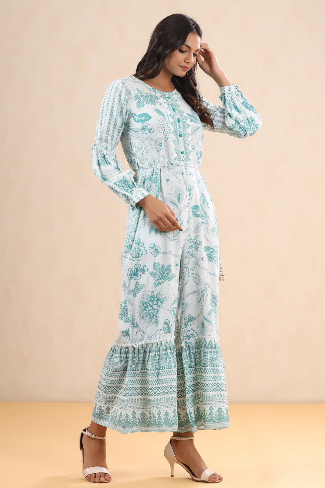 Teal Rayon Printed Ethnic Jumpsuit with Belt - Image 4
