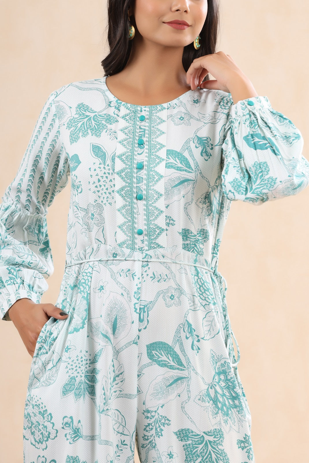 Teal Rayon Printed Ethnic Jumpsuit with Belt - Image 5