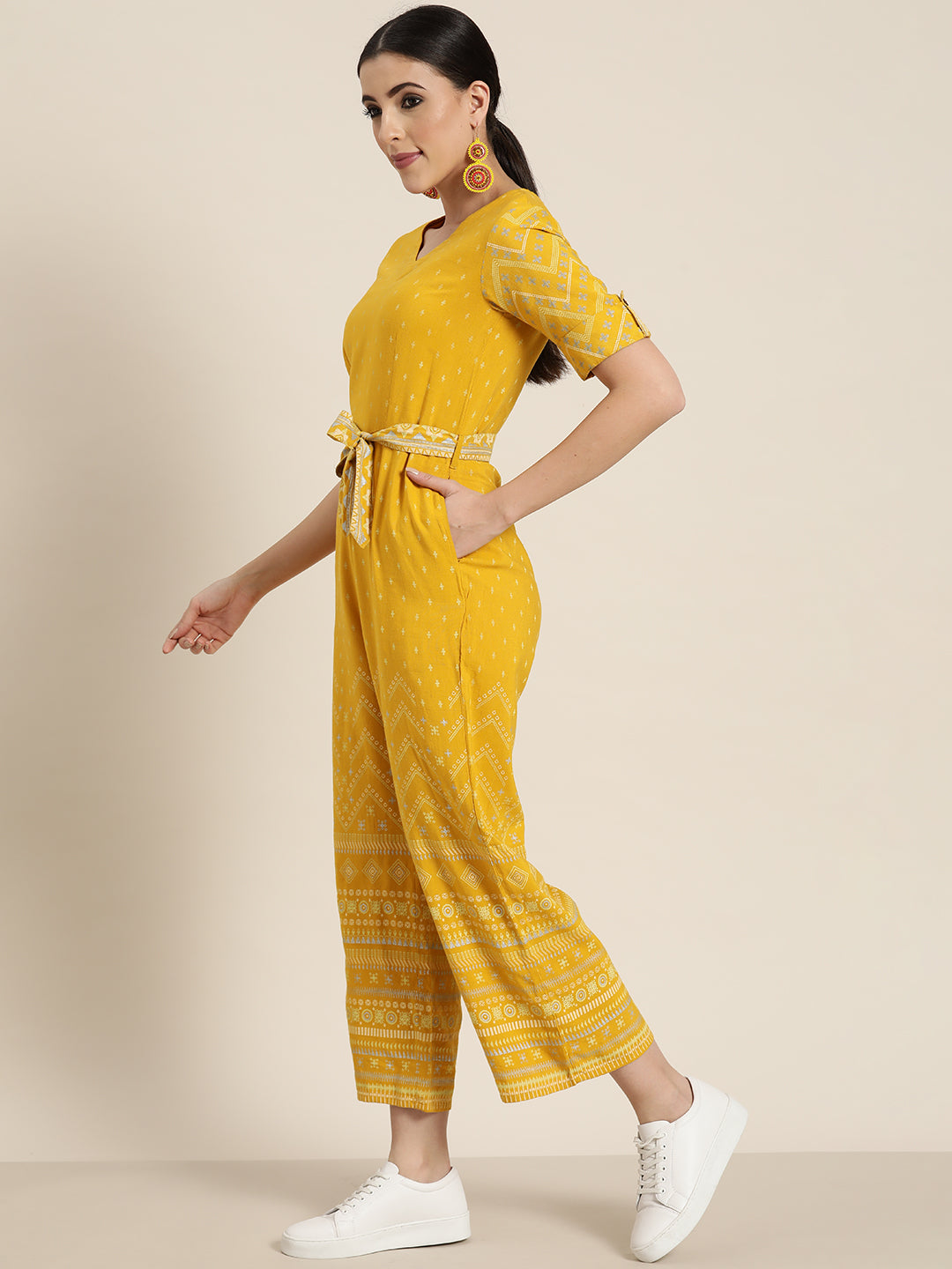 Mustard Rayon Flex Printed Ethnic Jumpsuit with Belt - Image 4