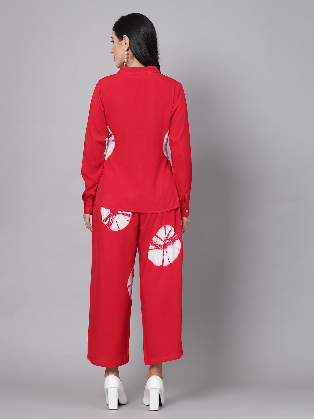 Red Tye-Dye Prints Co-Ords Set - Rayon Fabric, Full Sleeves, Shirt Collar And Hips Length - Image 2
