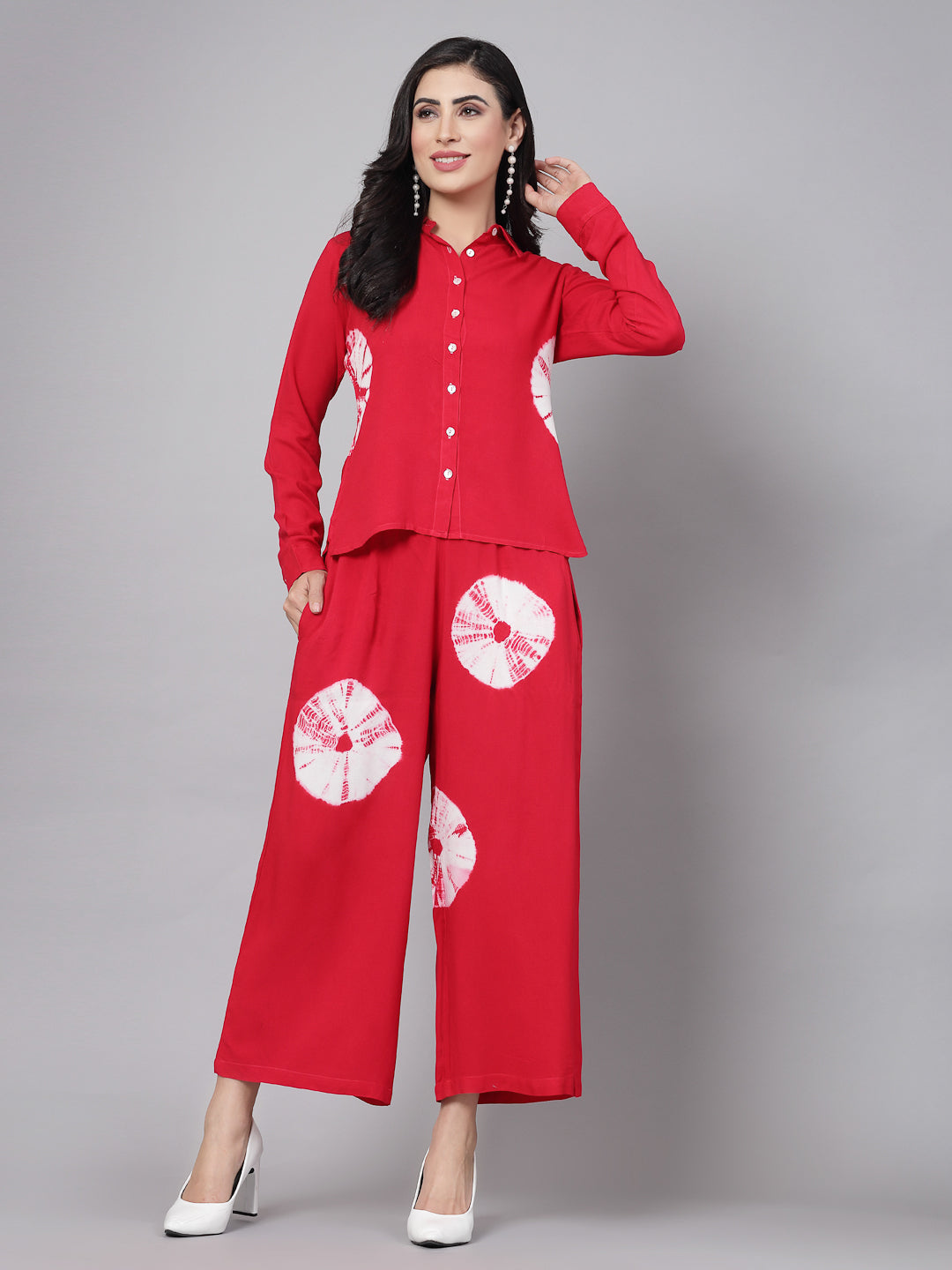 Red Tye-Dye Prints Co-Ords Set - Rayon Fabric, Full Sleeves, Shirt Collar And Hips Length - Image 3