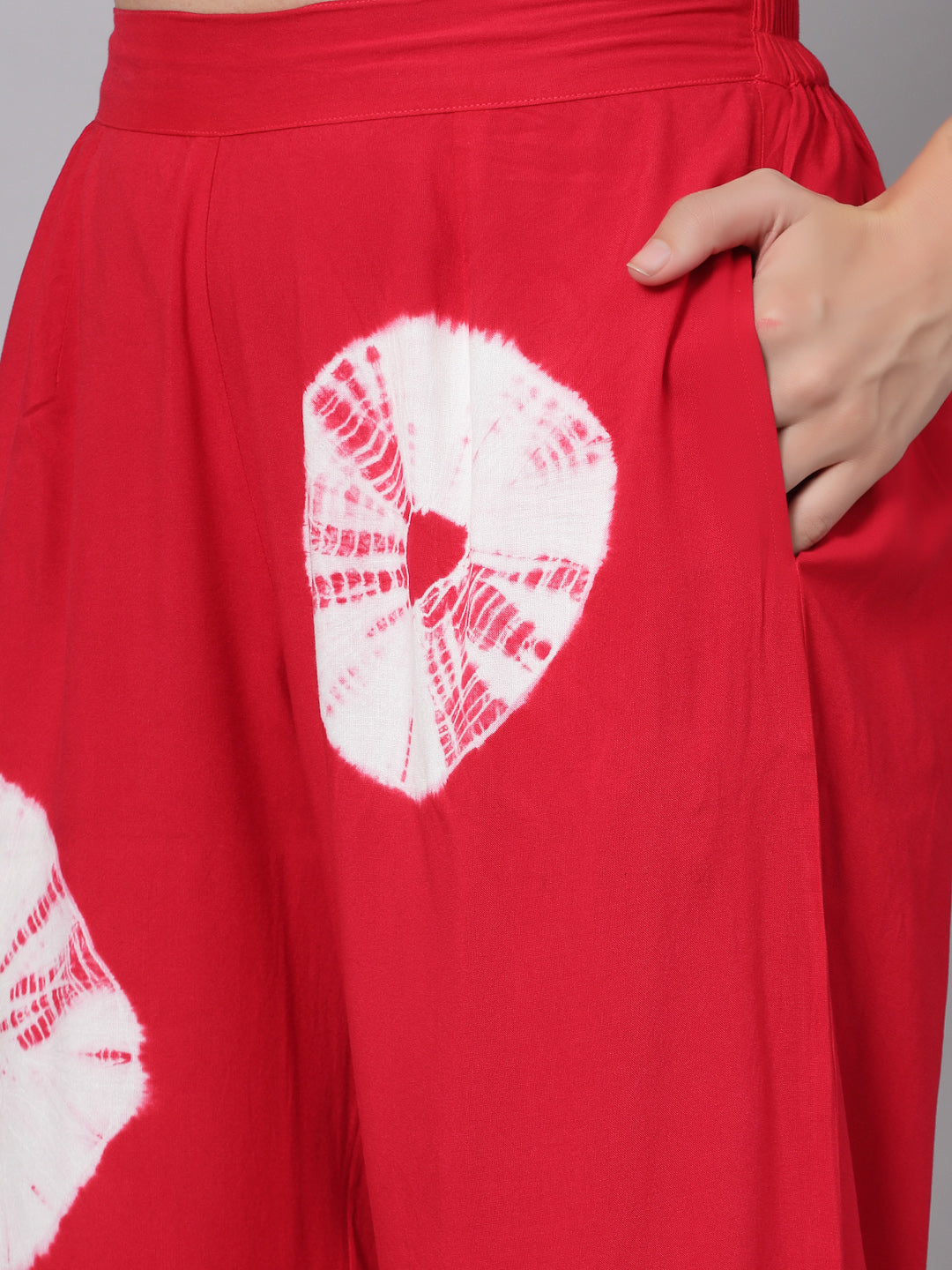 Red Tye-Dye Prints Co-Ords Set - Rayon Fabric, Full Sleeves, Shirt Collar And Hips Length - Image 4