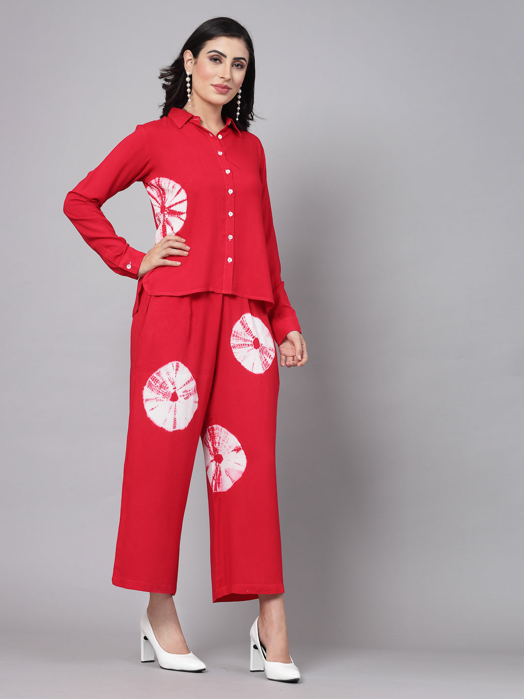 Red Tye-Dye Prints Co-Ords Set - Rayon Fabric, Full Sleeves, Shirt Collar And Hips Length - Image 5