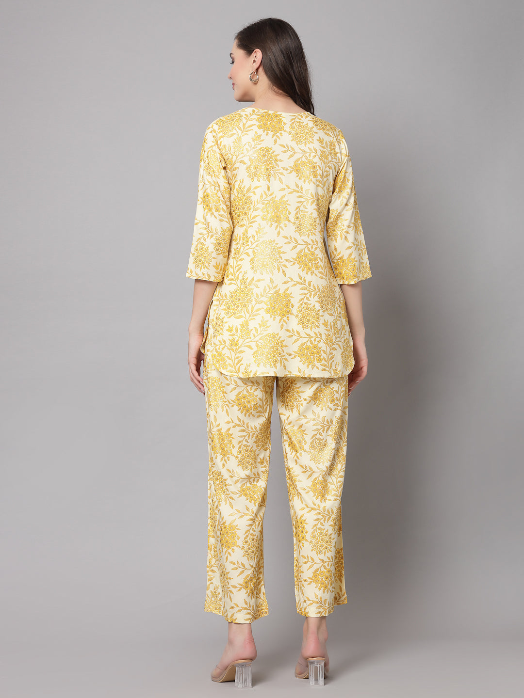 Mustard Floral Printed Co-Ords Set - Rayon Fabric, 3/4 Sleeves, Keyhole Neck And Hips Length - Image 2