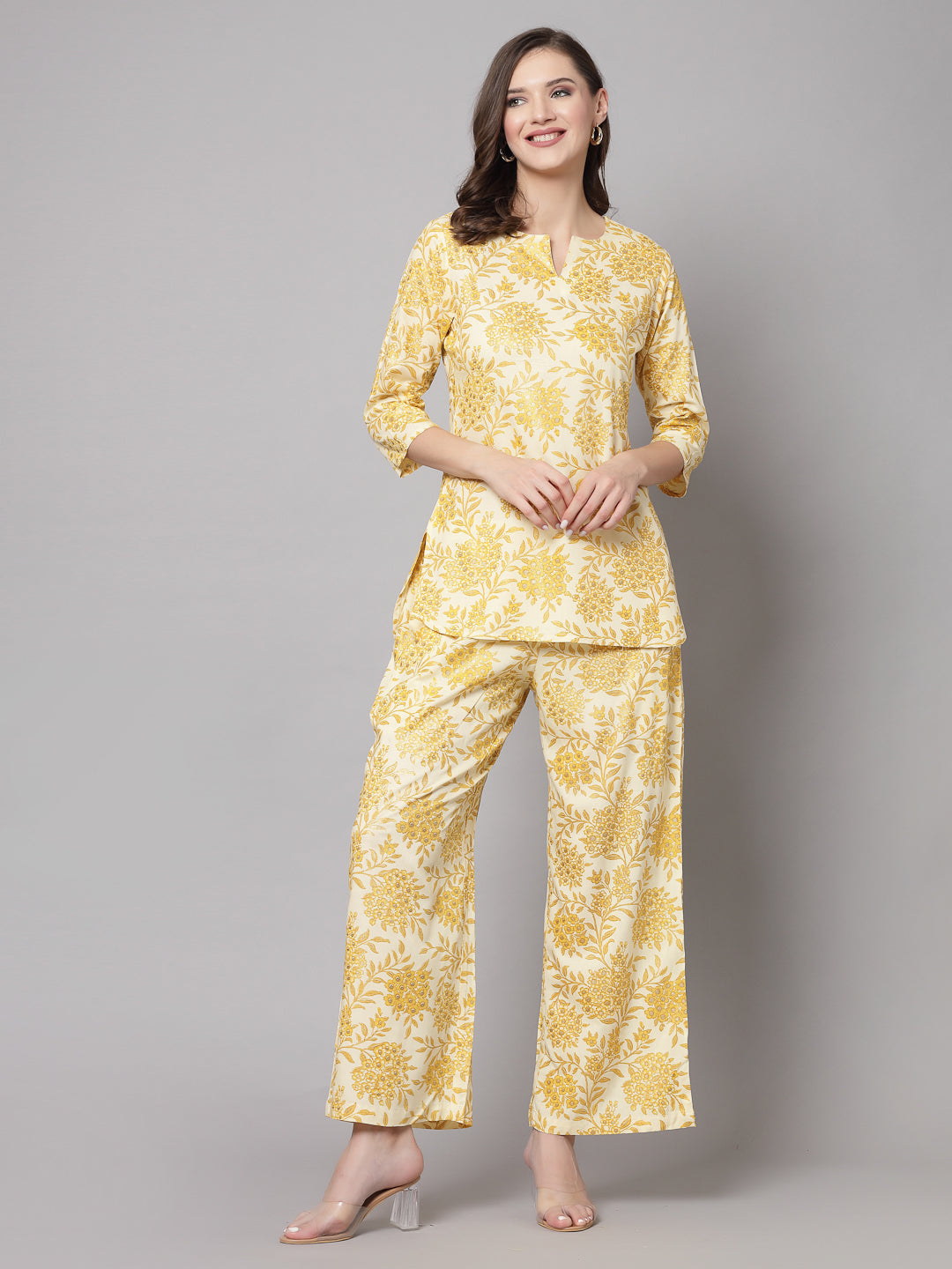 Mustard Floral Printed Co-Ords Set - Rayon Fabric, 3/4 Sleeves, Keyhole Neck And Hips Length - Image 3