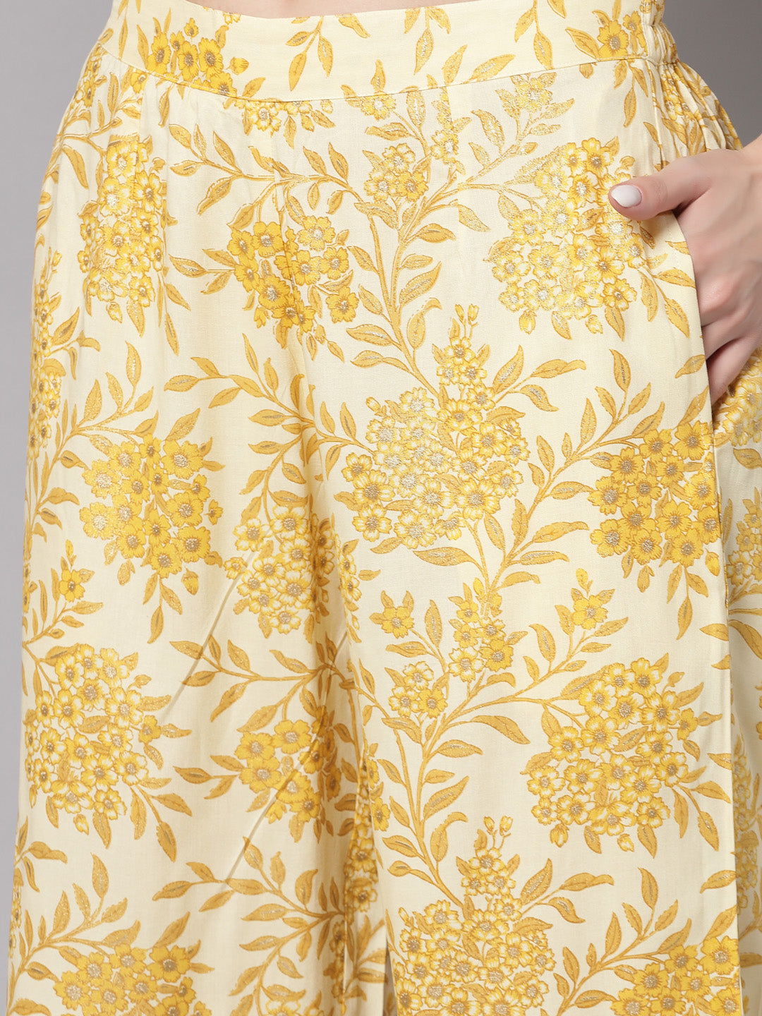 Mustard Floral Printed Co-Ords Set - Rayon Fabric, 3/4 Sleeves, Keyhole Neck And Hips Length - Image 4