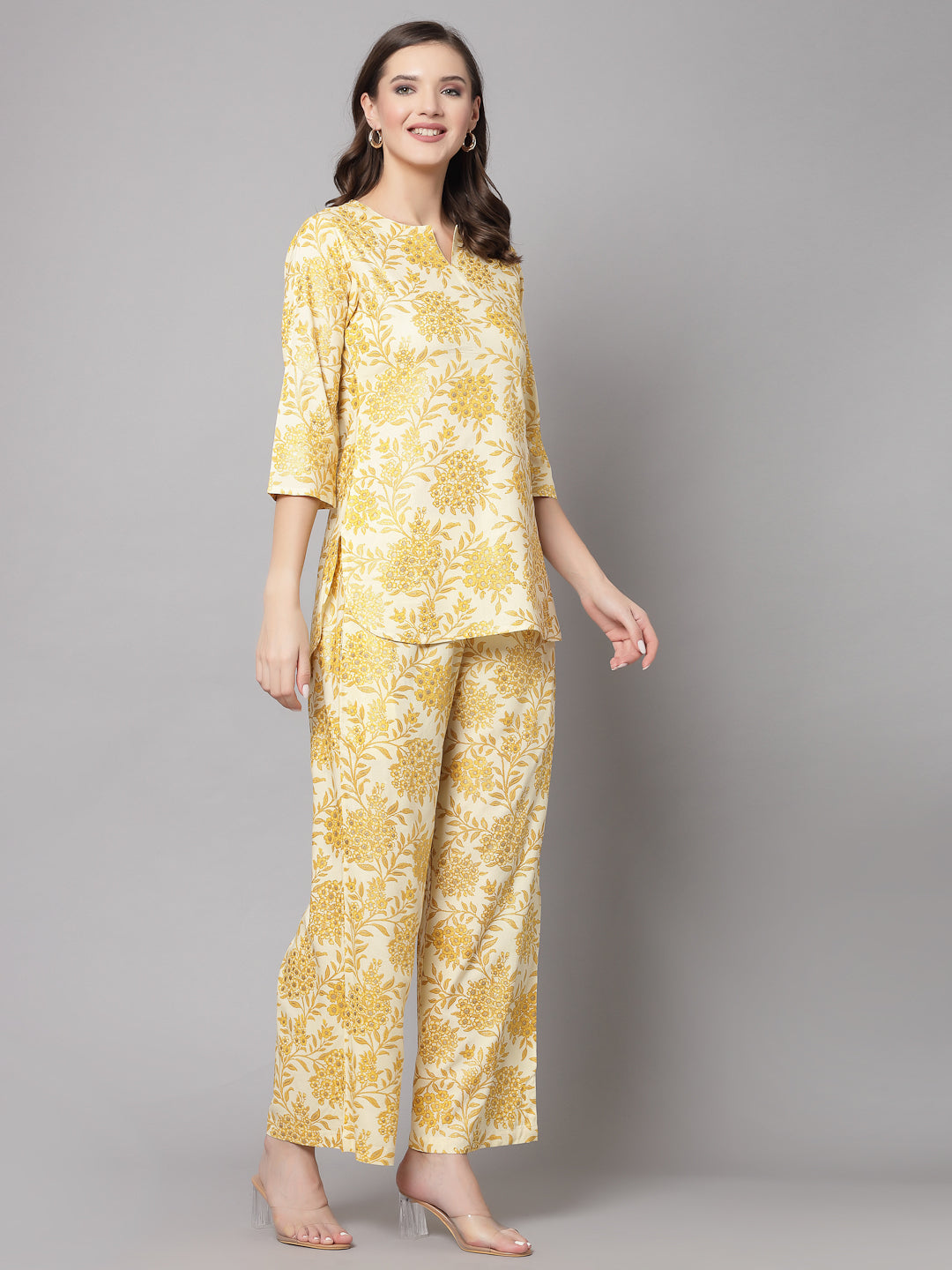 Mustard Floral Printed Co-Ords Set - Rayon Fabric, 3/4 Sleeves, Keyhole Neck And Hips Length - Image 5