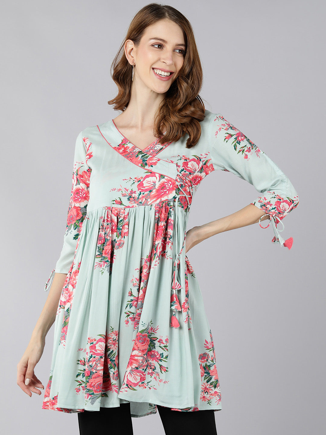 Rayon Floral Print Flared Gown (Light Green) - Image 4