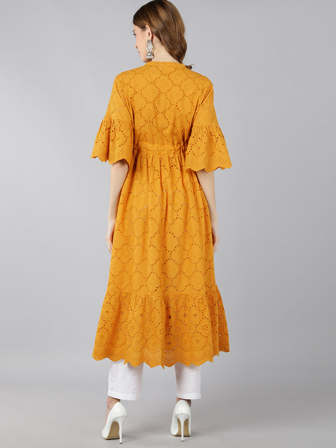 Cotton Sifli Schiffli Flared Dress (Mustard) - Image 2