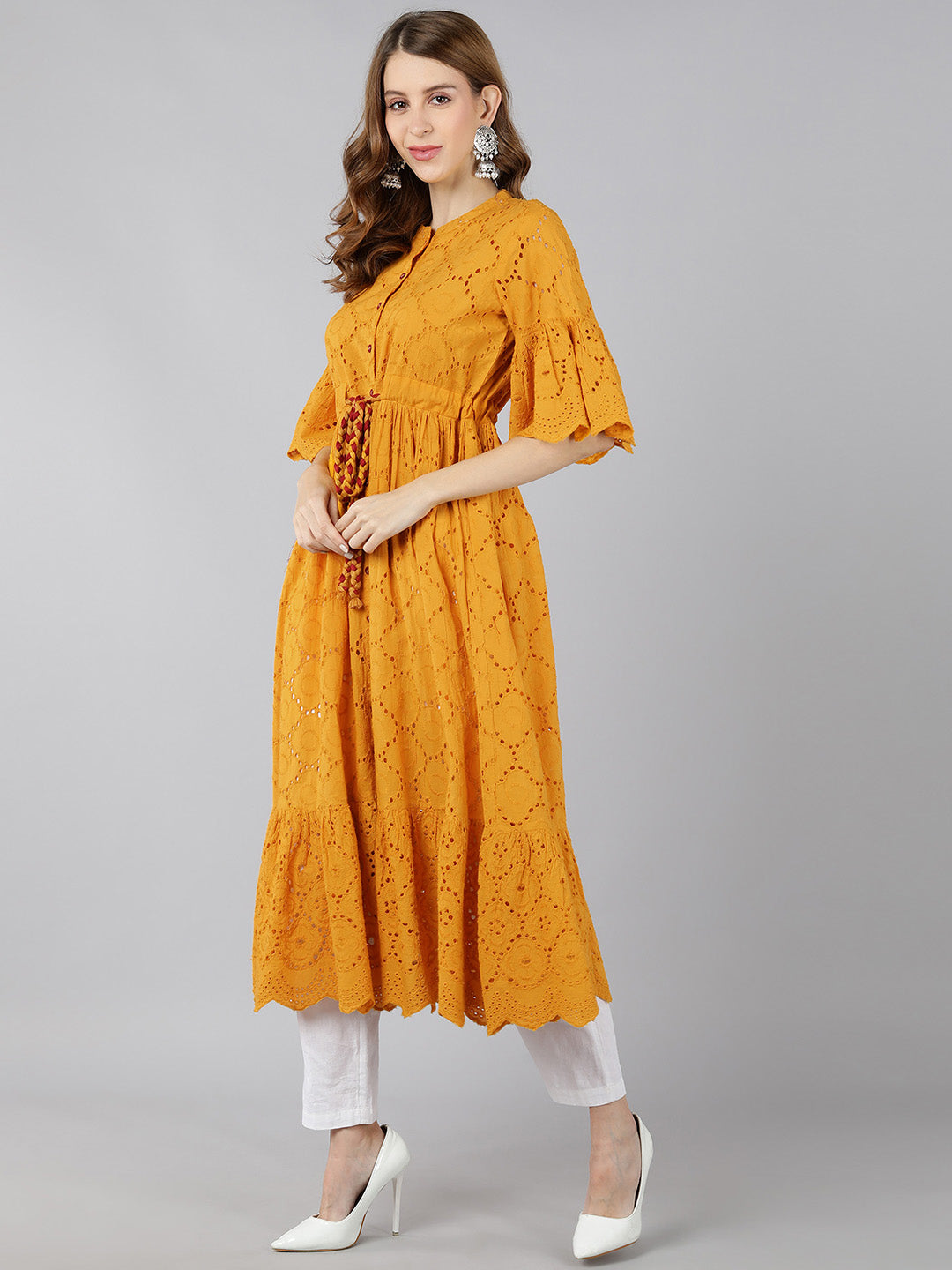 Cotton Sifli Schiffli Flared Dress (Mustard) - Image 3