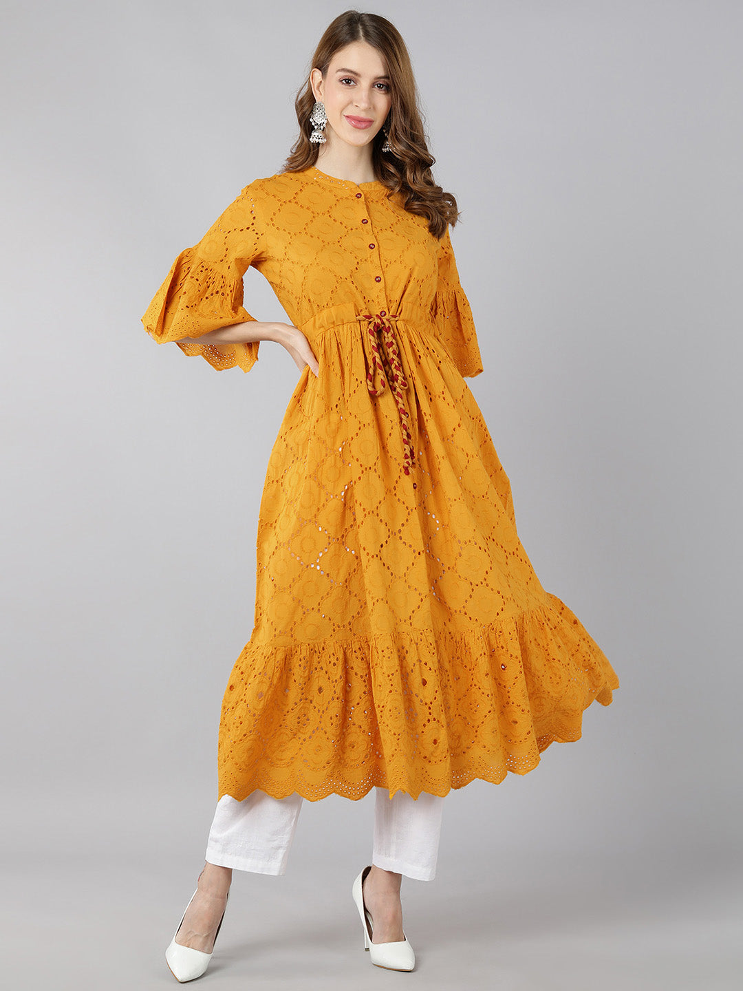 Cotton Sifli Schiffli Flared Dress (Mustard) - Image 4