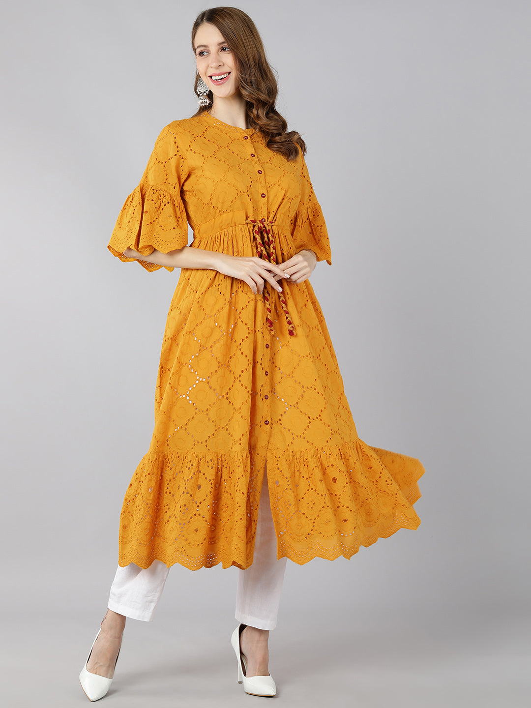 Cotton Sifli Schiffli Flared Dress (Mustard) - Image 5
