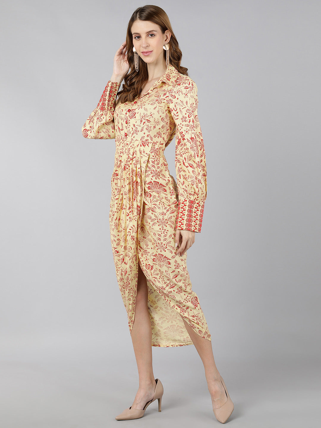 Rayon Floral tulip Dress (Cream) - Image 4