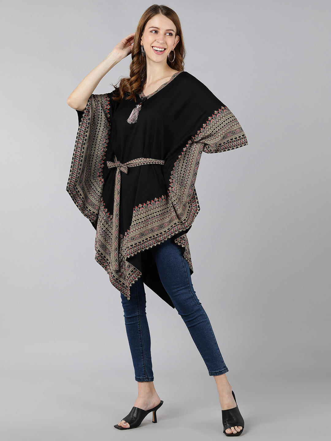 Rayon Ethnic Motifs Kaftan Dress (Black) - Image 5