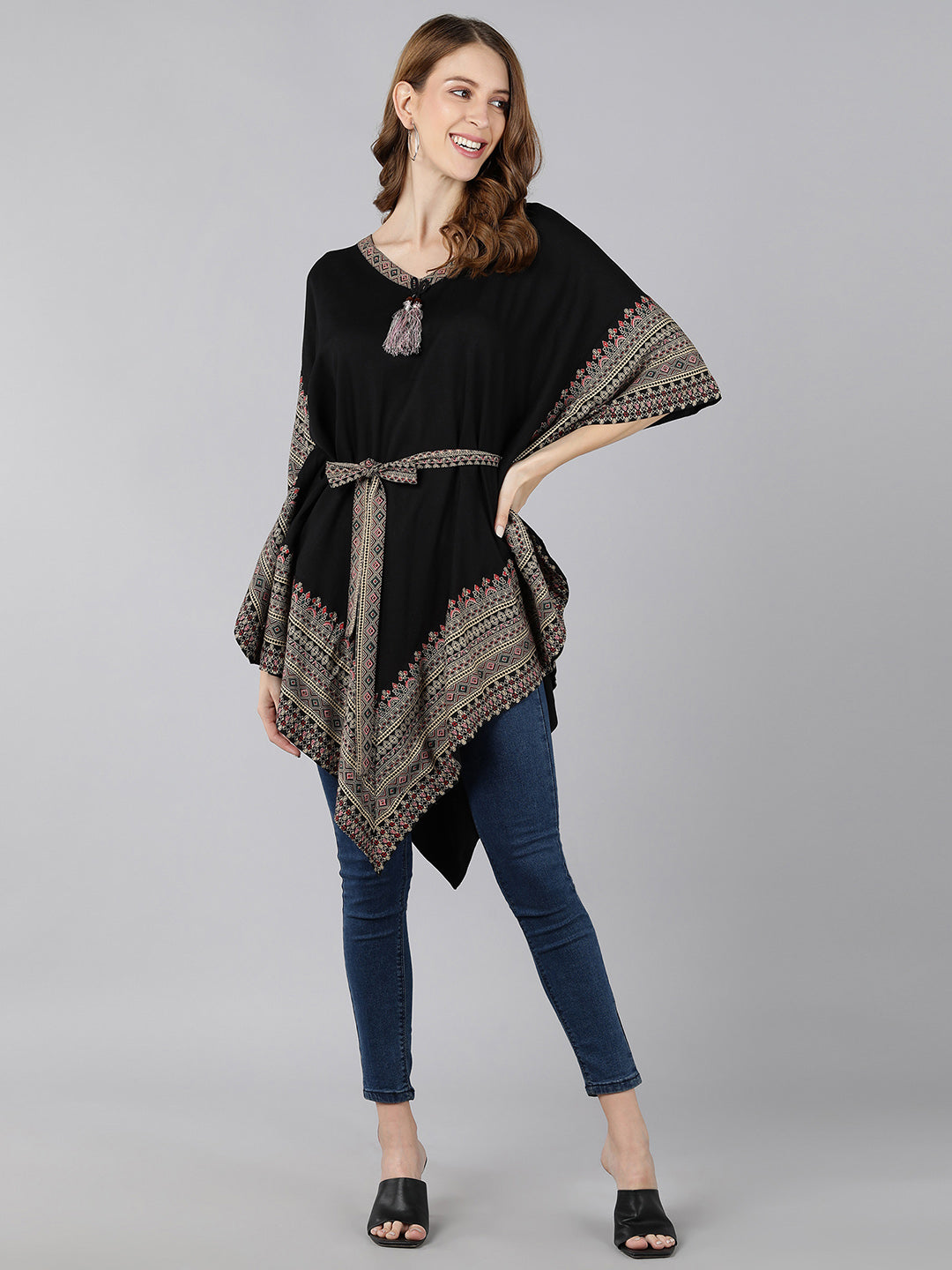 Rayon Ethnic Motifs Kaftan Dress (Black) - Image 3
