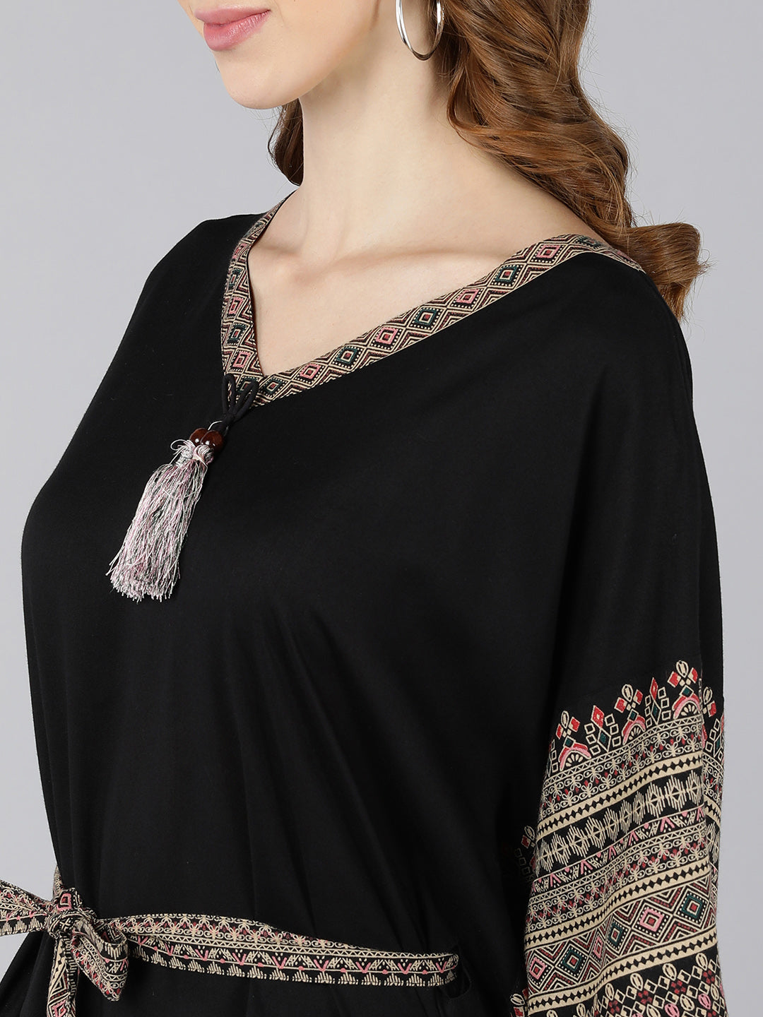 Rayon Ethnic Motifs Kaftan Dress (Black) - Image 4
