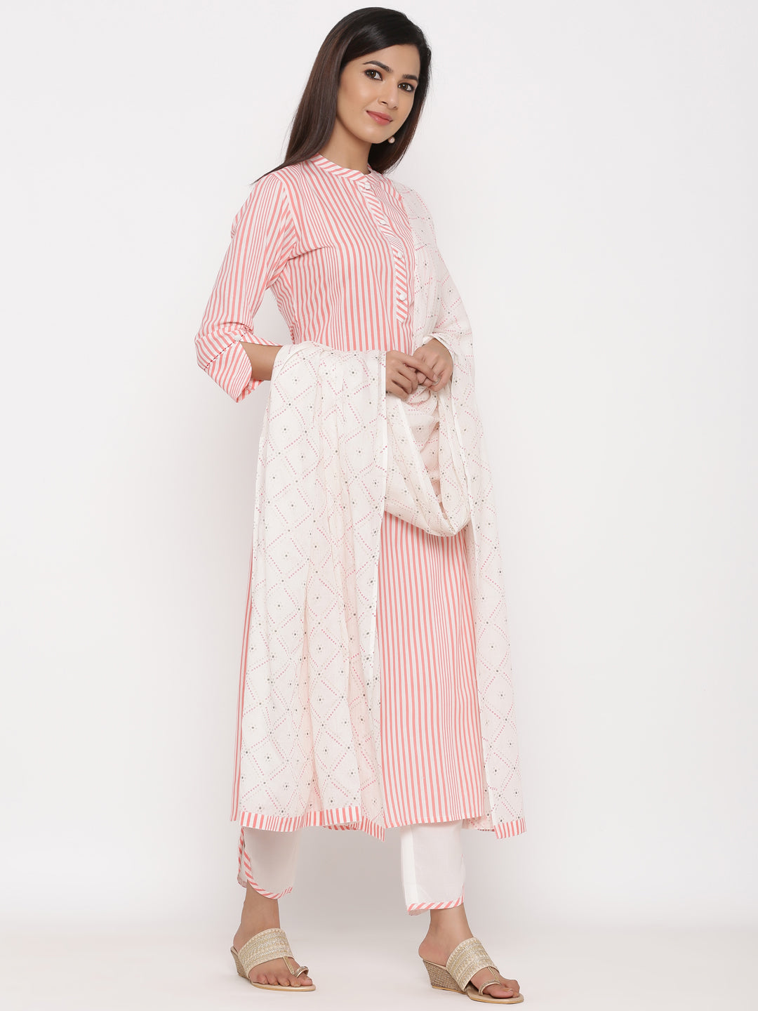 Cotton Stripe Print Straight Kurta Pant Dupatta - Image 5