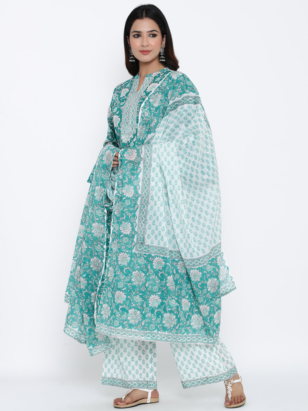 Cotton Printed Flared Kurta Palazzo Dupatta - Image 3