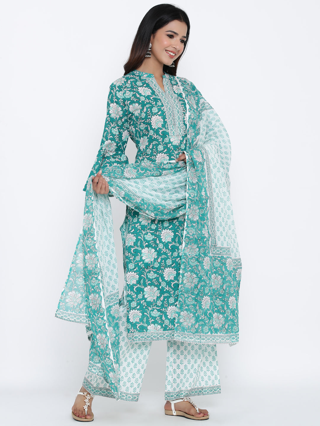 Cotton Printed Flared Kurta Palazzo Dupatta - Image 5