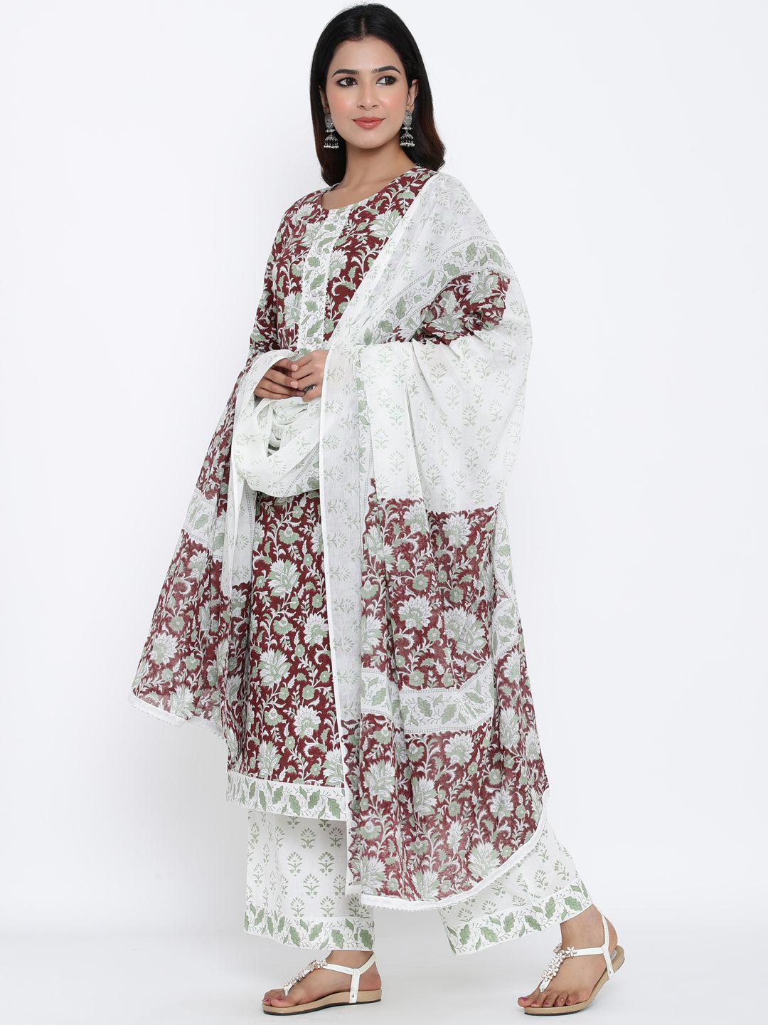 Cotton Printed Flared Kurta Palazzo Dupatta - Image 3