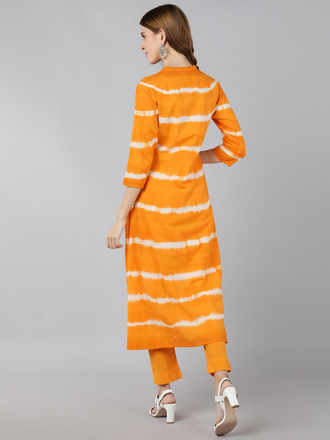 Cotton Tie Die Print A-Line Kurta Pant Set (Mustard & White) - Image 2