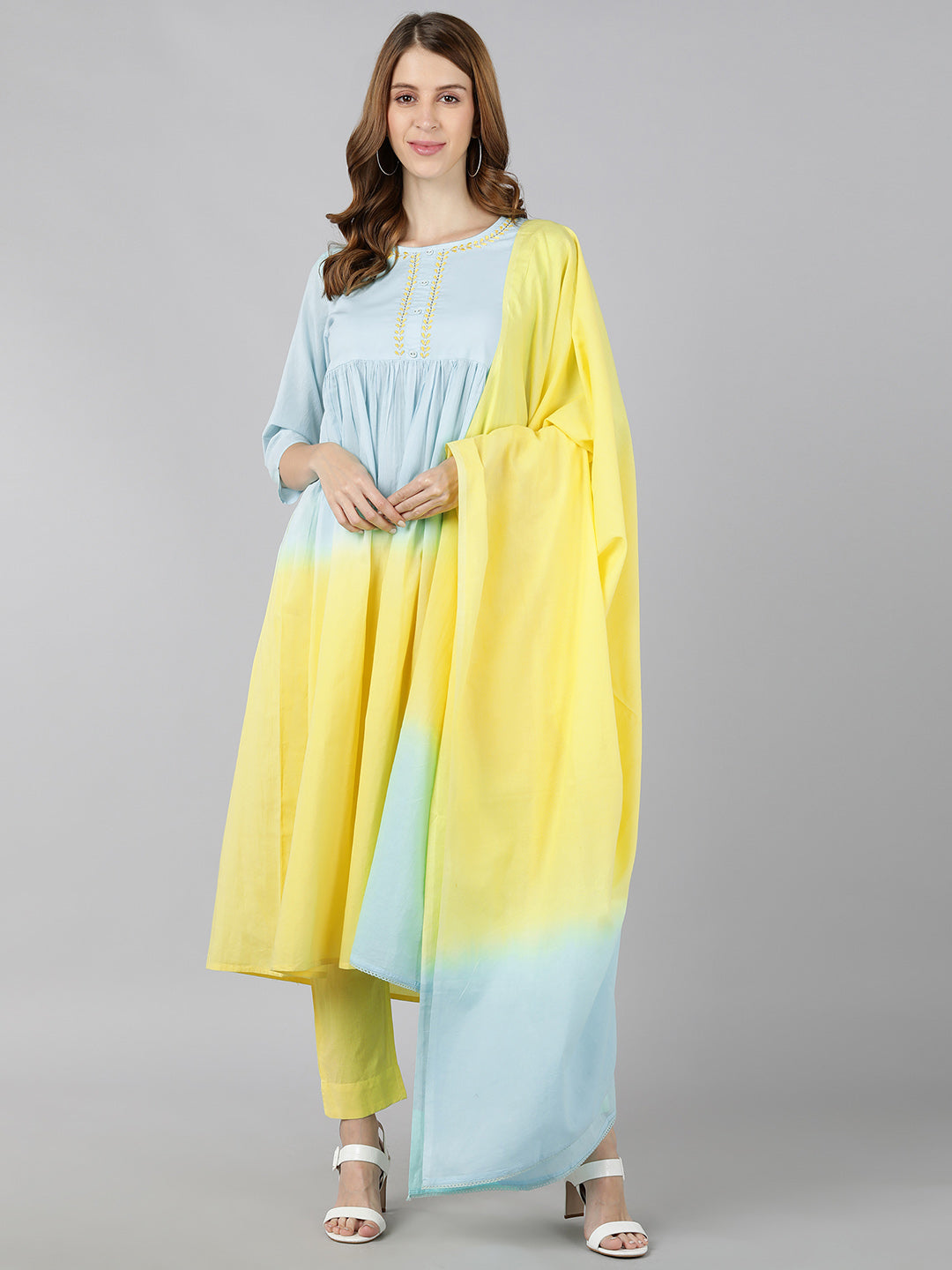 Cotton Tie Die Print Flared Kurta Pant Dupatta (Sky Blue & Yellow) - Image 5