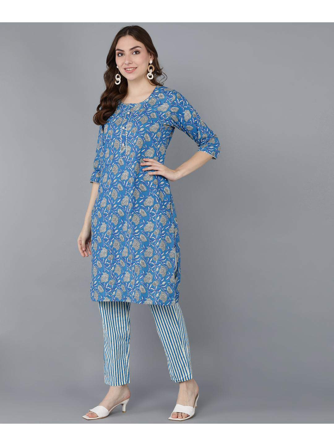 Cotton Printed Straight Kurta Set (Royal Blue) - Image 3