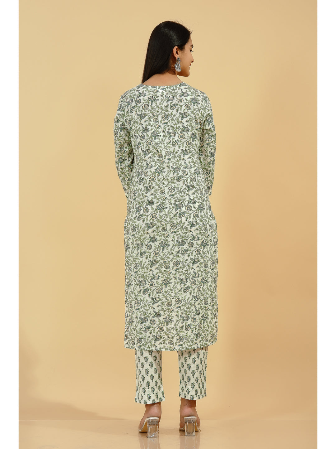 Cotton Floral Straight Kurta Set (Green And Off White) - Image 2