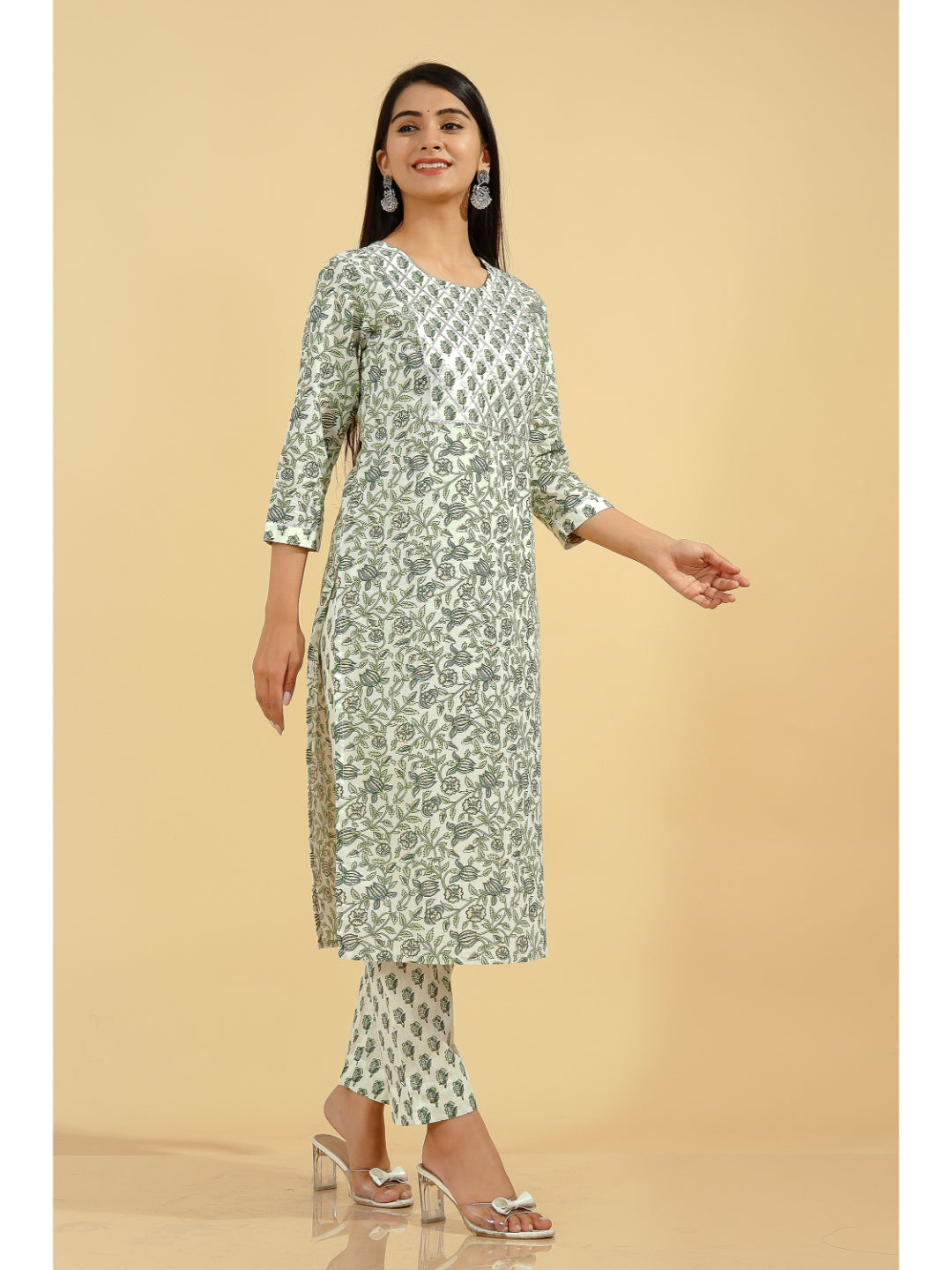 Cotton Floral Straight Kurta Set (Green And Off White) - Image 3