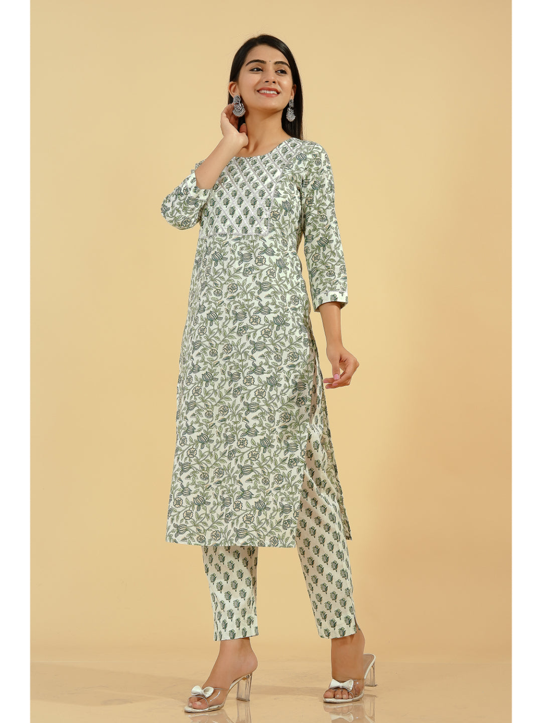 Cotton Floral Straight Kurta Set (Green And Off White) - Image 4