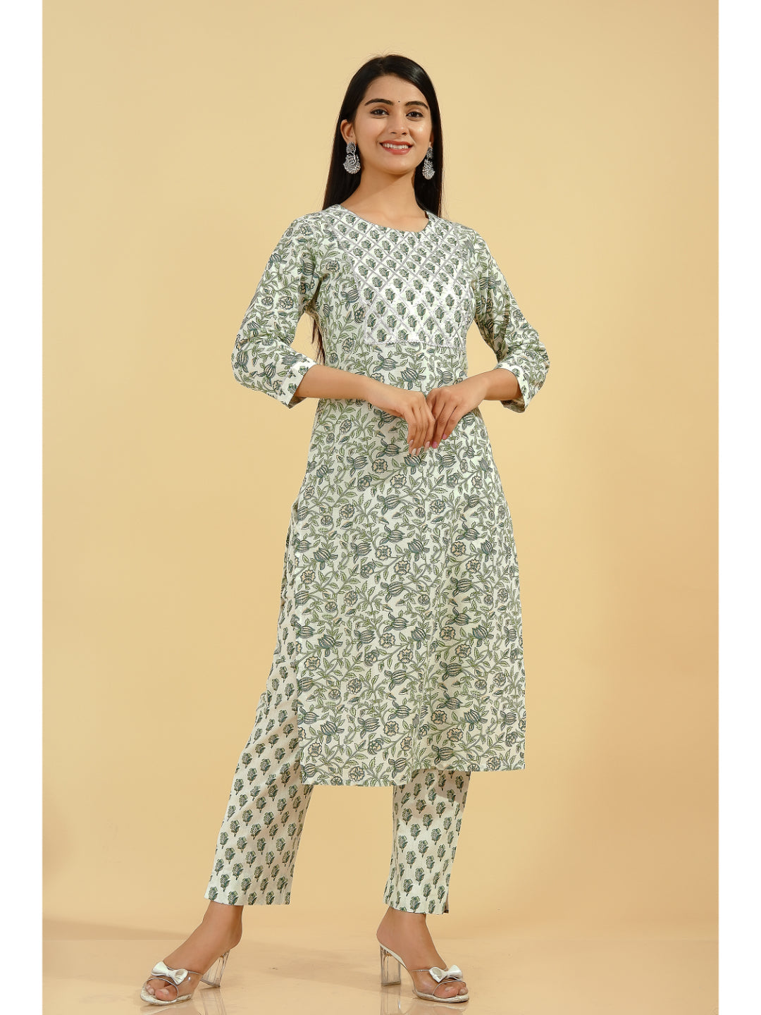 Cotton Floral Straight Kurta Set (Green And Off White) - Image 5