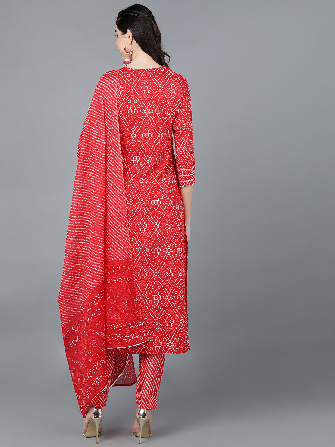 Cotton Lehriya Print Straight Kurta Set (Red) - Image 2