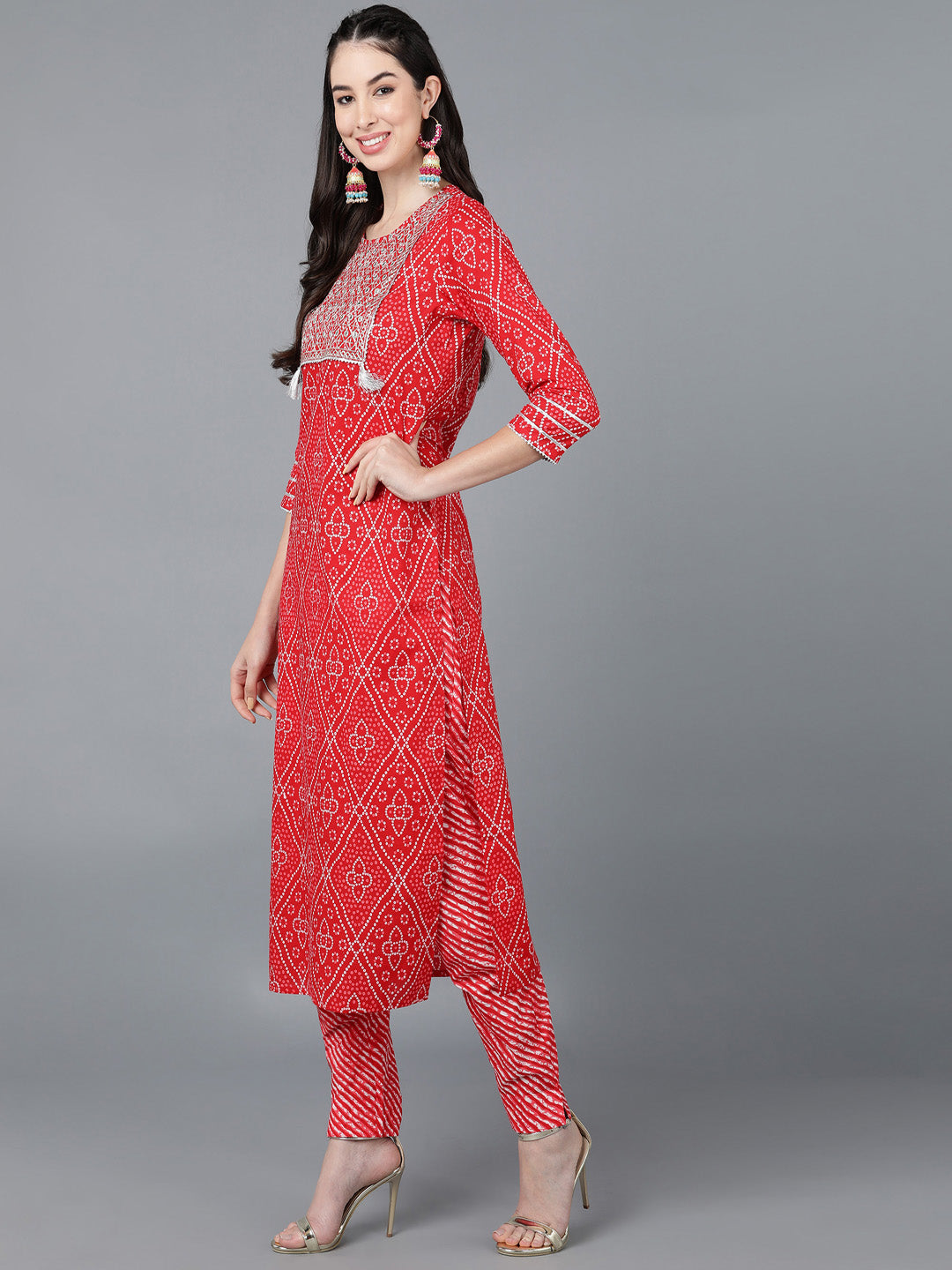 Cotton Lehriya Print Straight Kurta Set (Red) - Image 3