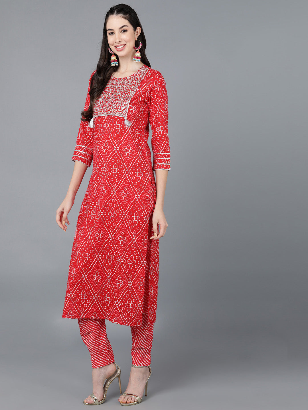 Cotton Lehriya Print Straight Kurta Set (Red) - Image 4