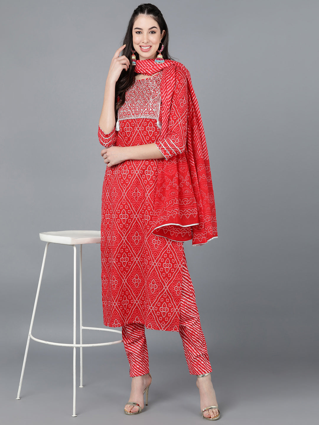 Cotton Lehriya Print Straight Kurta Set (Red) - Image 5