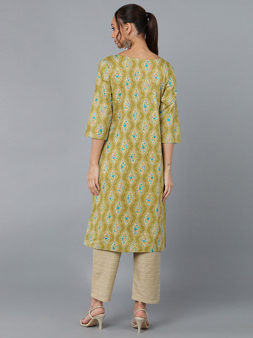 Cotton Blend Printed Straight Kurta Set (Green) - Image 2