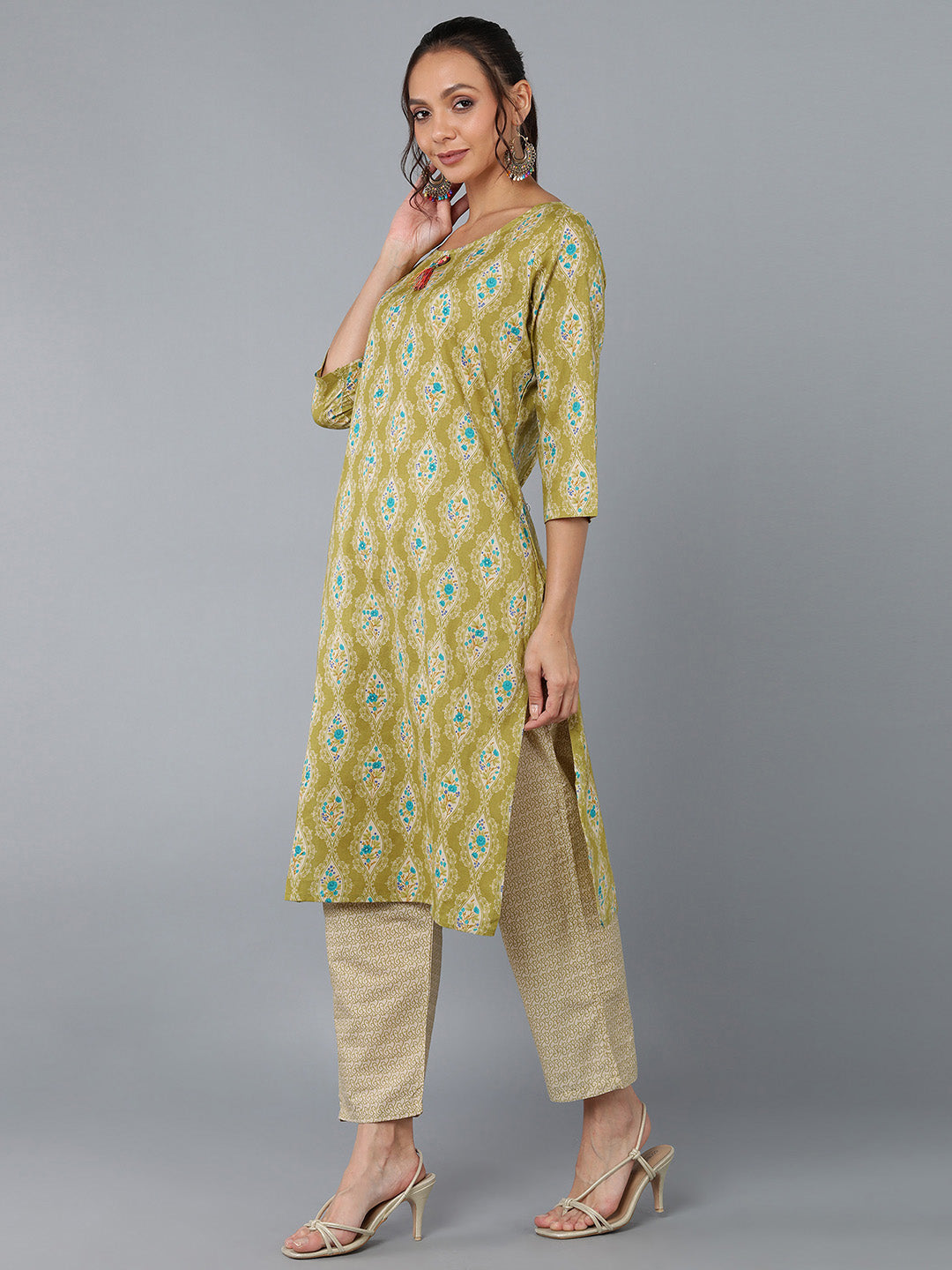Cotton Blend Printed Straight Kurta Set (Green) - Image 3