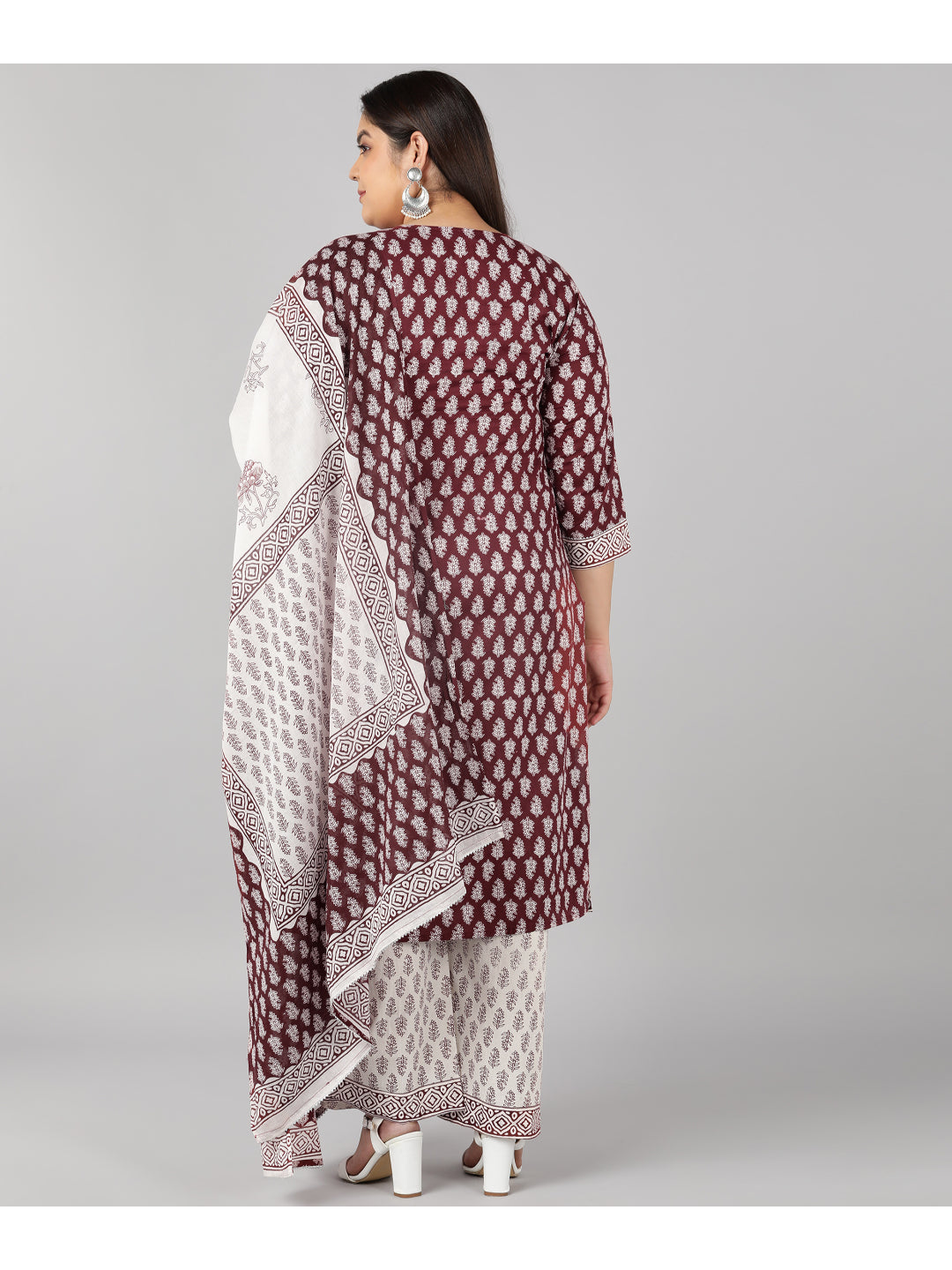 Cotton Printed Flared Kurta Set (Maroon) - Image 2
