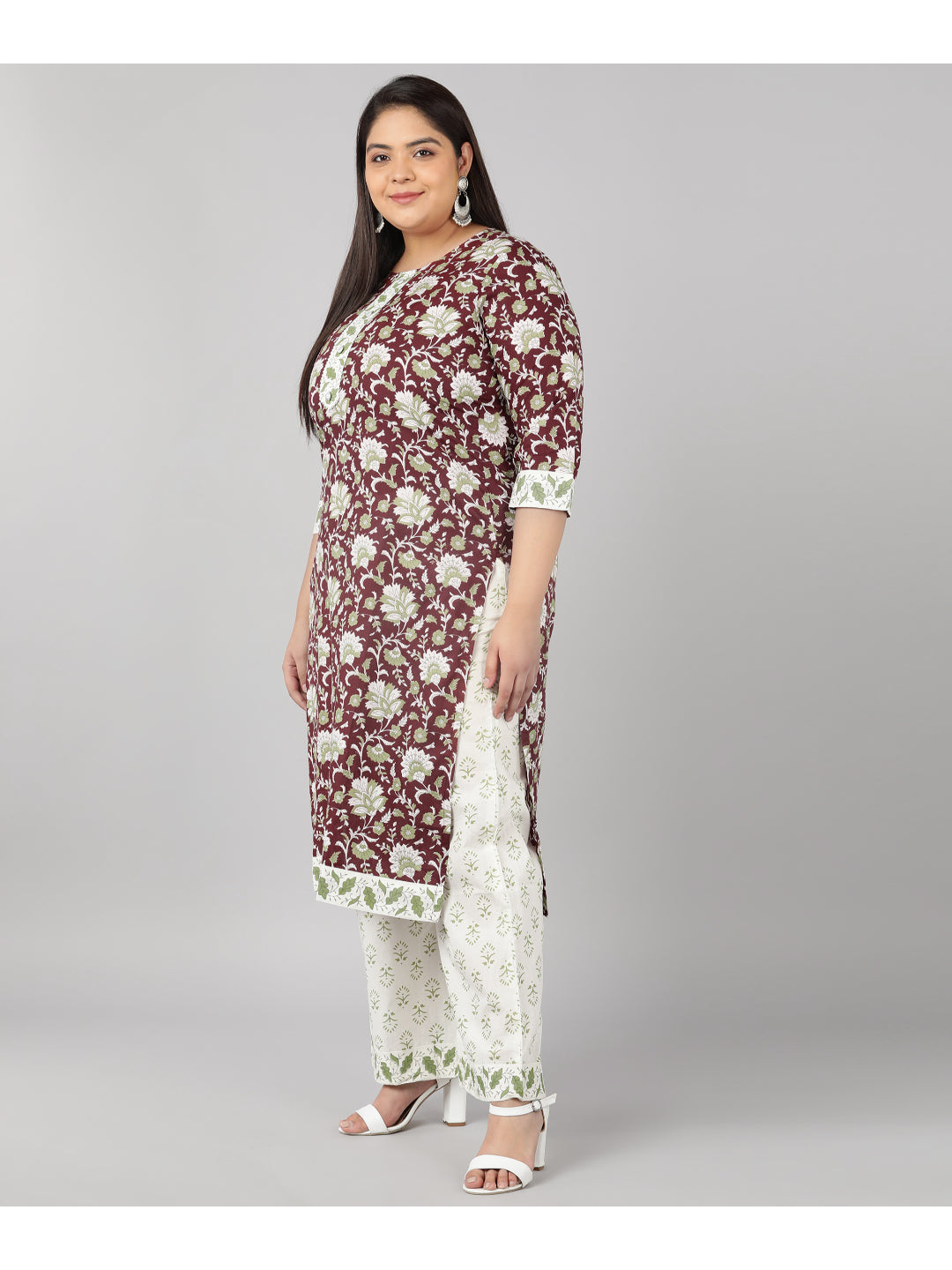 Cotton Printed Flared Kurta Set (Maroon) - Image 3