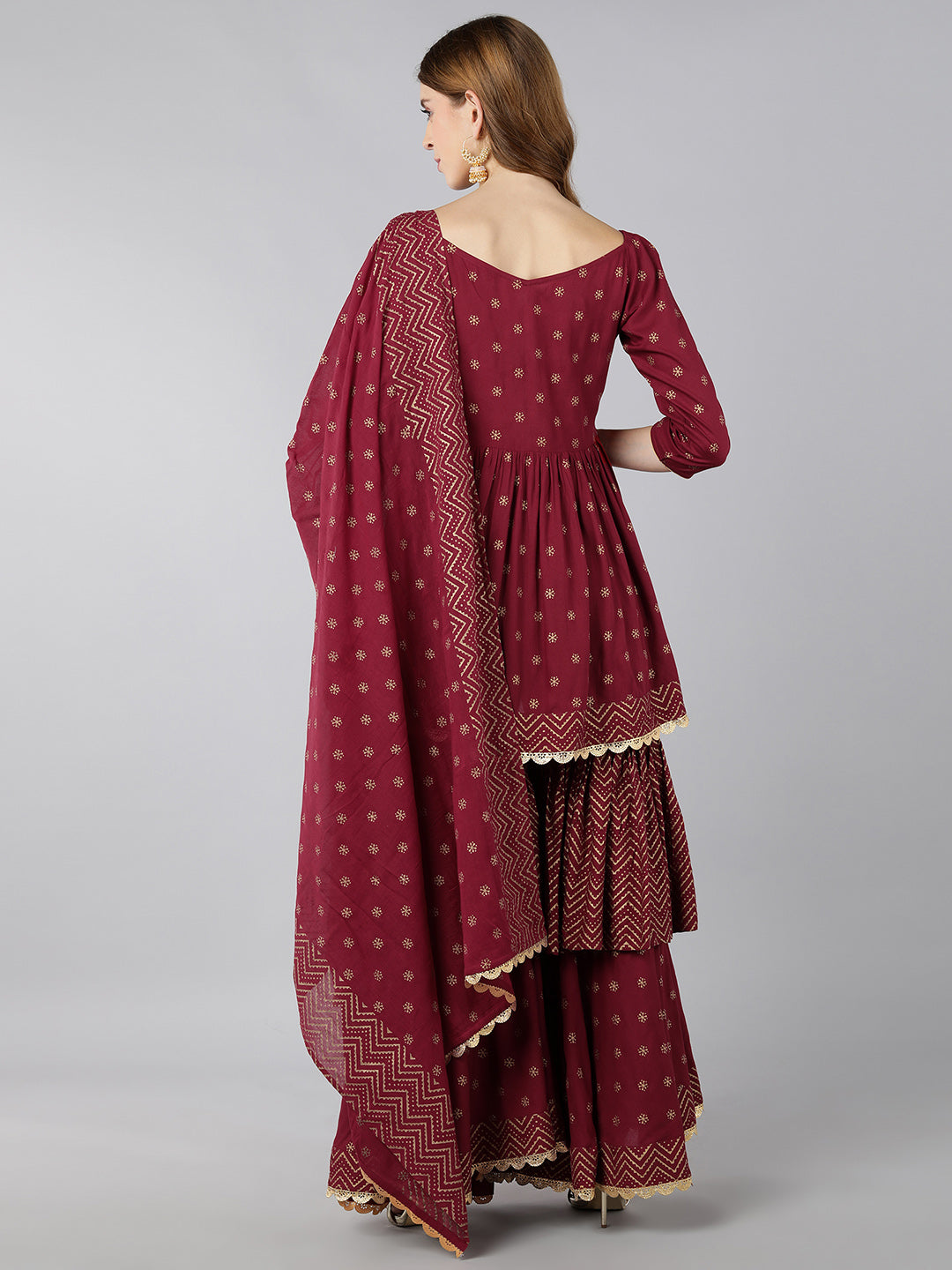 Rayon Gold Print Flared Ethnic Set (Maroon) - Image 2